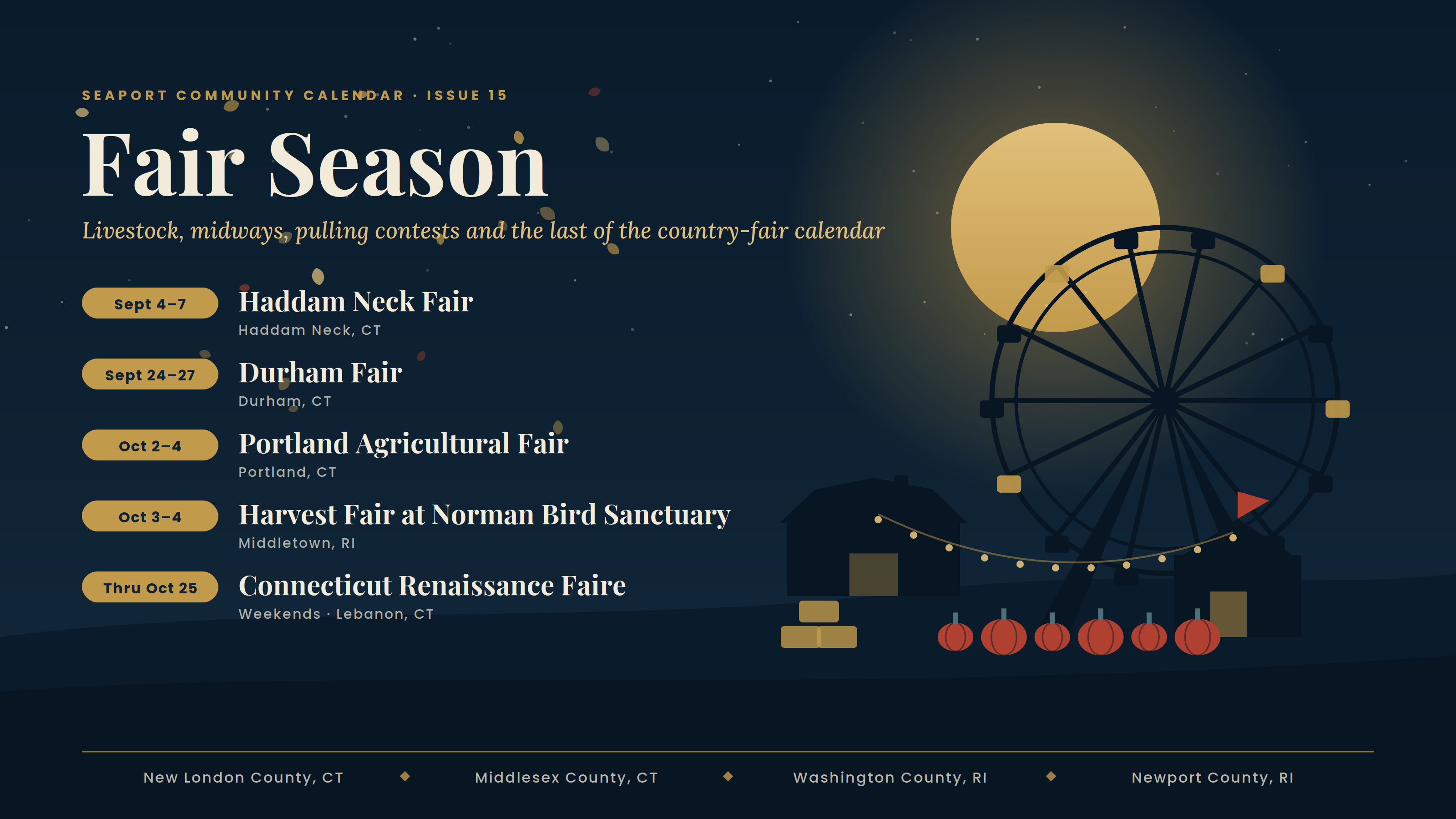 Fair Season: Haddam Neck Fair, Durham Fair, Portland Agricultural Fair, Harvest Fair at Norman Bird Sanctuary and the Connecticut Renaissance Faire, with a Ferris wheel, barn and pumpkins under a harvest moon
